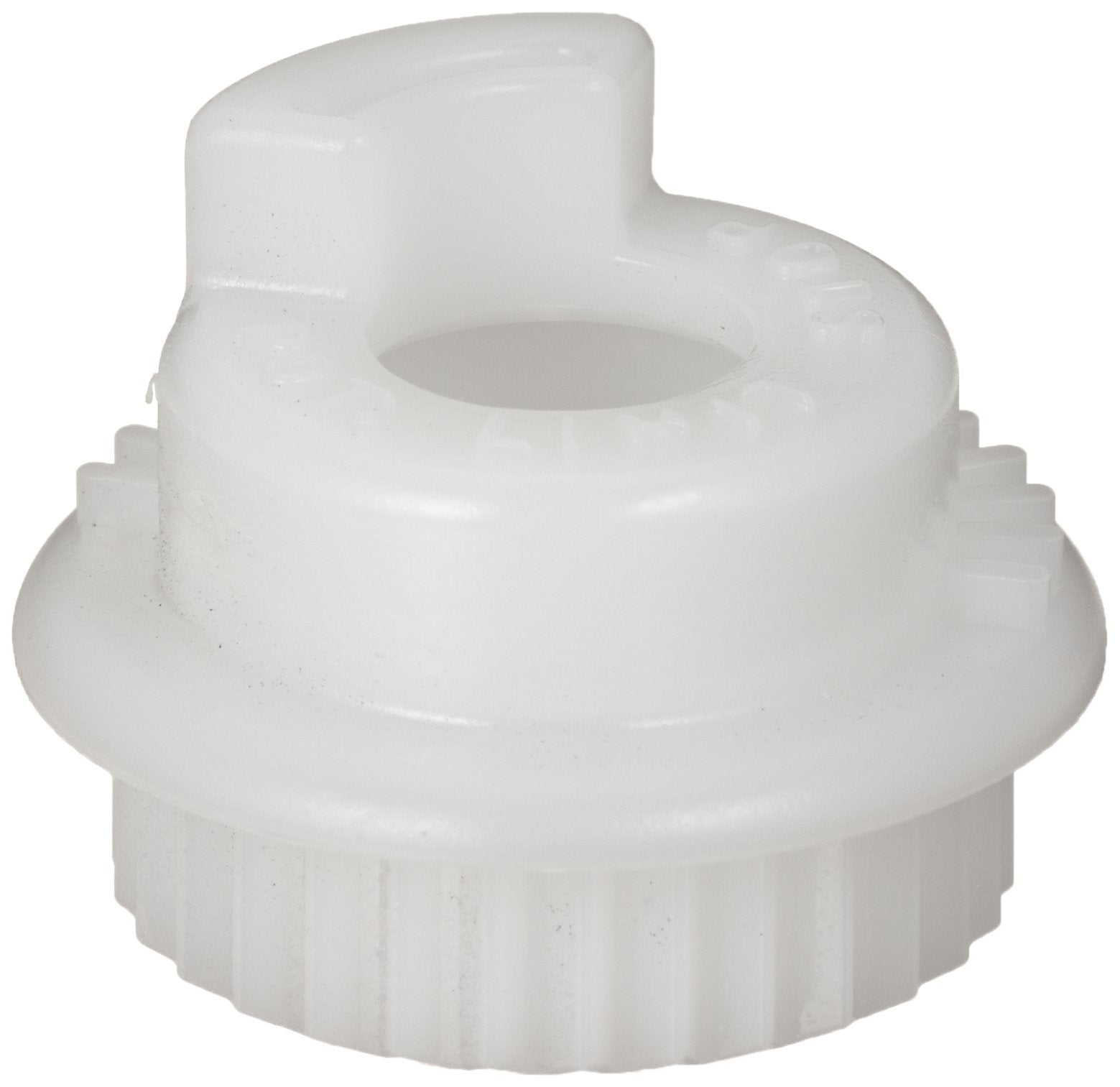 White plastic rotational limit stop with central hole and ribbed base for faucet assembly.