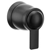 Matte black cylindrical volume control valve trim with round knob handle and wall-mounted escutcheon plate.