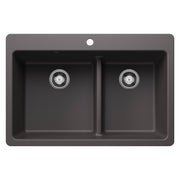 Cinder gray dual-mount kitchen sink with two bowls separated by low divide and chrome drain strainers.