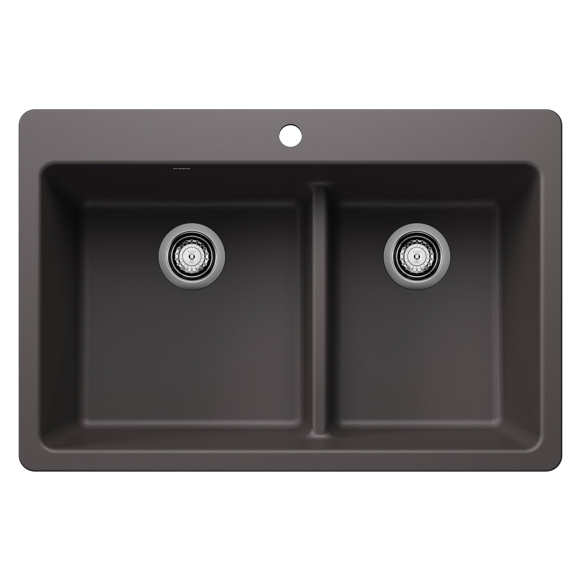 Cinder gray dual-mount kitchen sink with two bowls separated by low divide and chrome drain strainers.