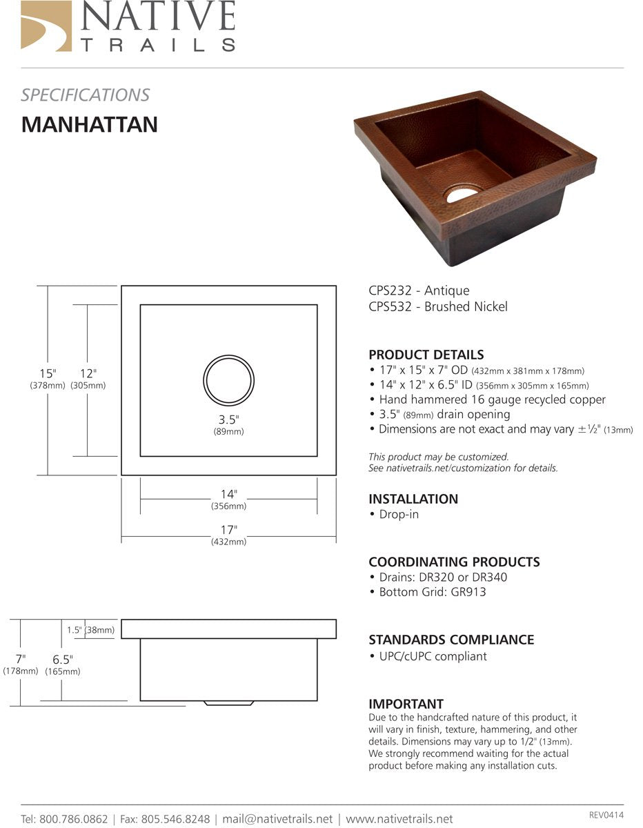 Native Trails CPS232 Manhattan Bar/Prep Sink: Antique