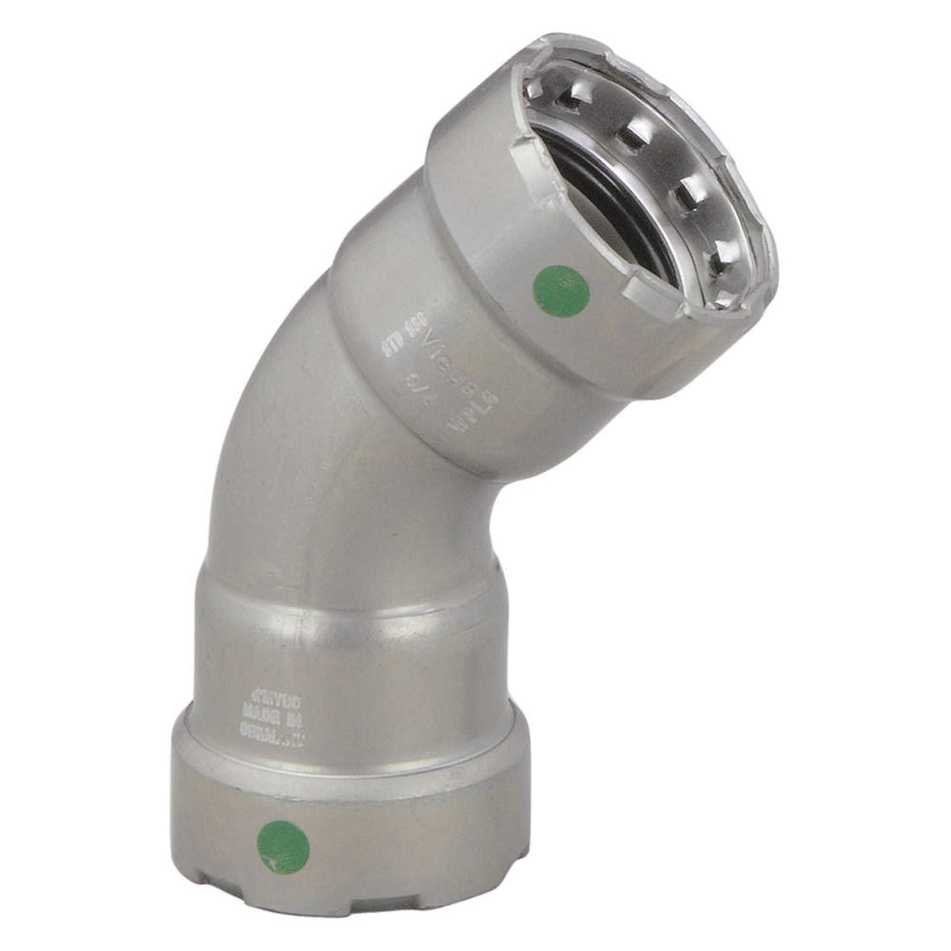 Silver metal 45-degree elbow fitting with press connections and green indicator dots on ends.