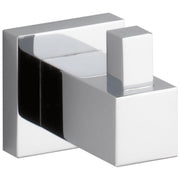 Chrome robe hook with square backplate and curved hook extending from white and grey geometric base.