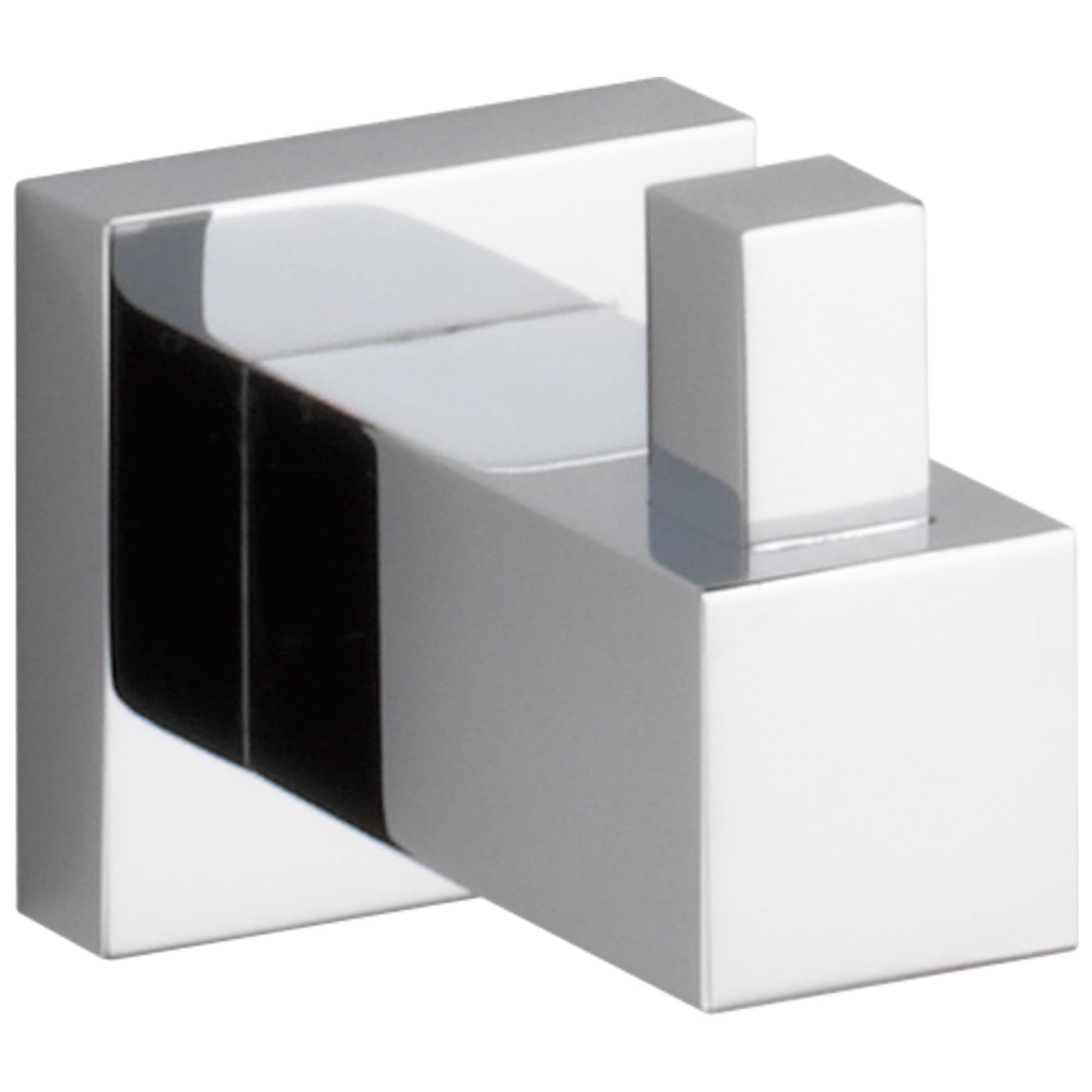 Chrome robe hook with square backplate and curved hook extending from white and grey geometric base.