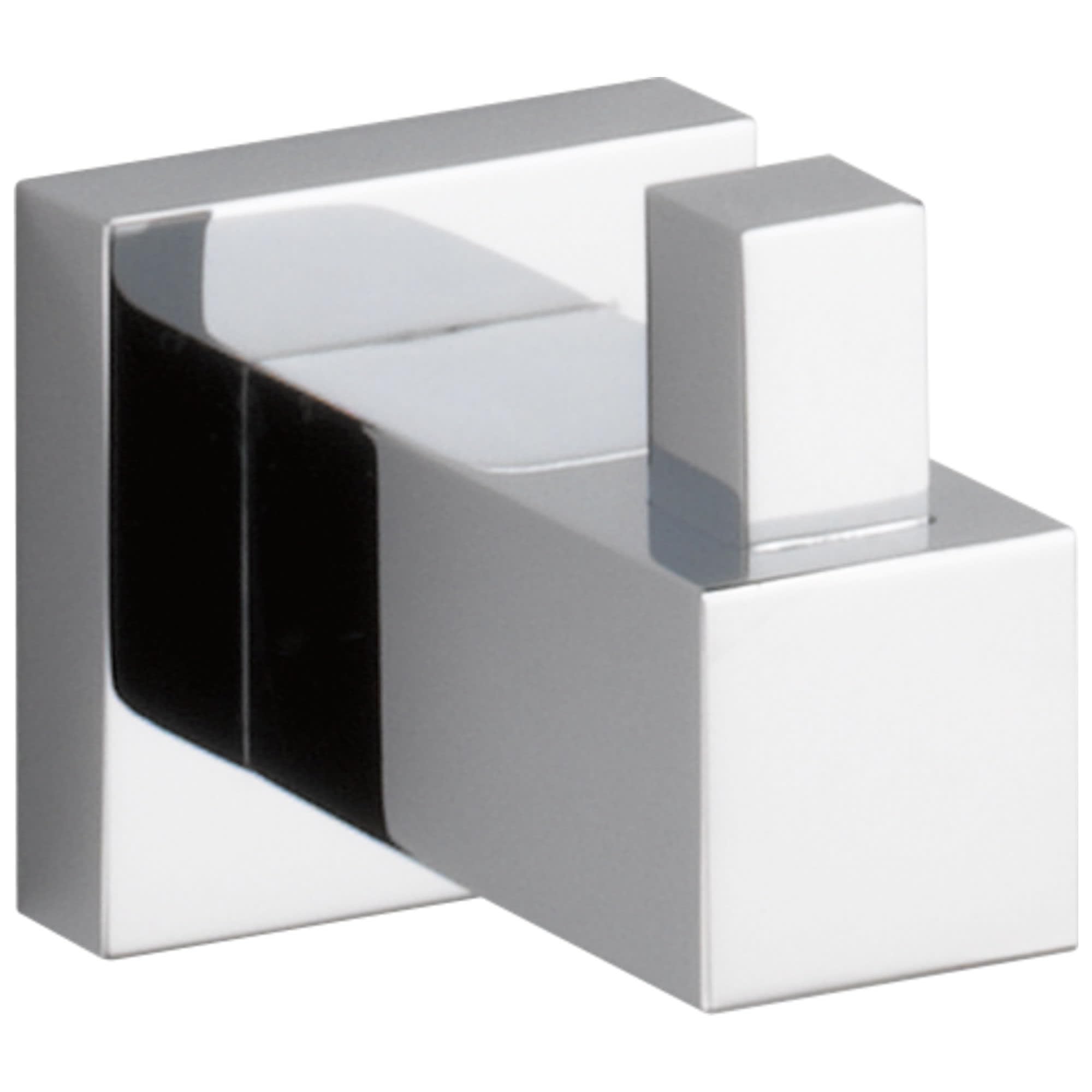 Chrome robe hook with square backplate and curved hook extending from white and grey geometric base.