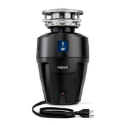 Black Moen EX100C 1 HP garbage disposal with stainless steel flange and attached power cord.