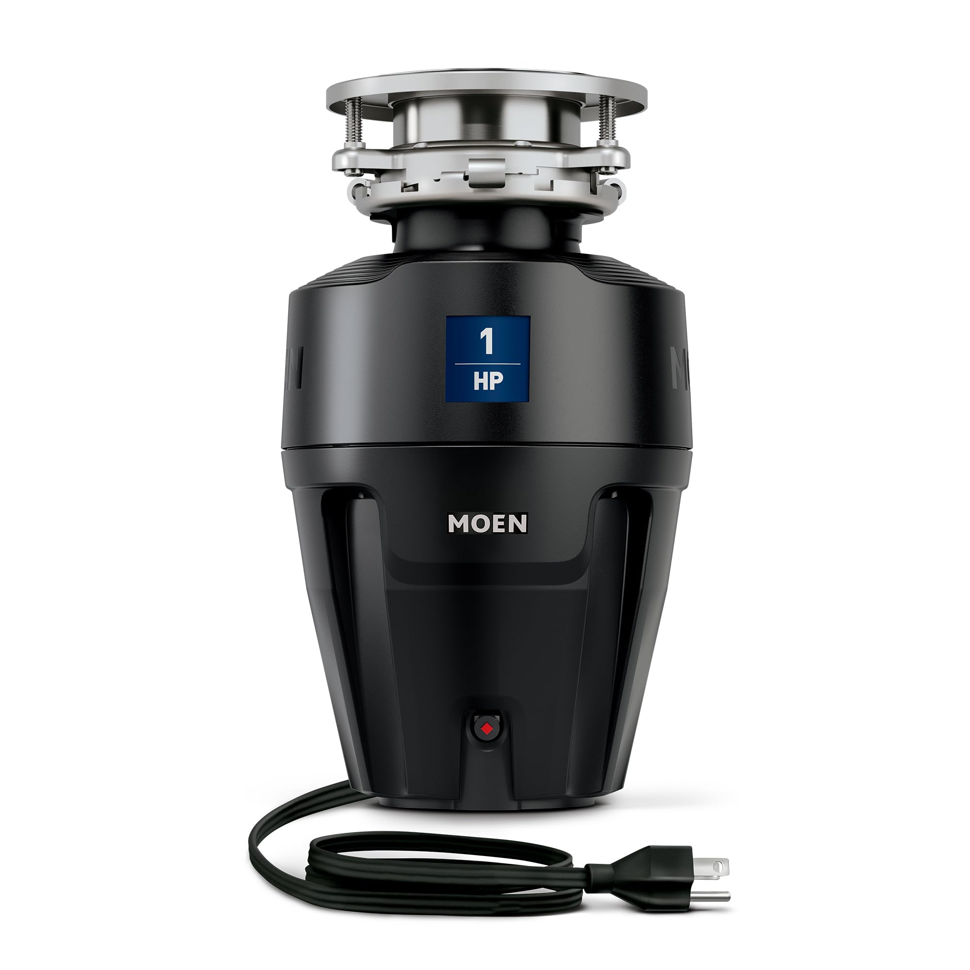 Black Moen EX100C 1 HP garbage disposal with stainless steel flange and attached power cord.