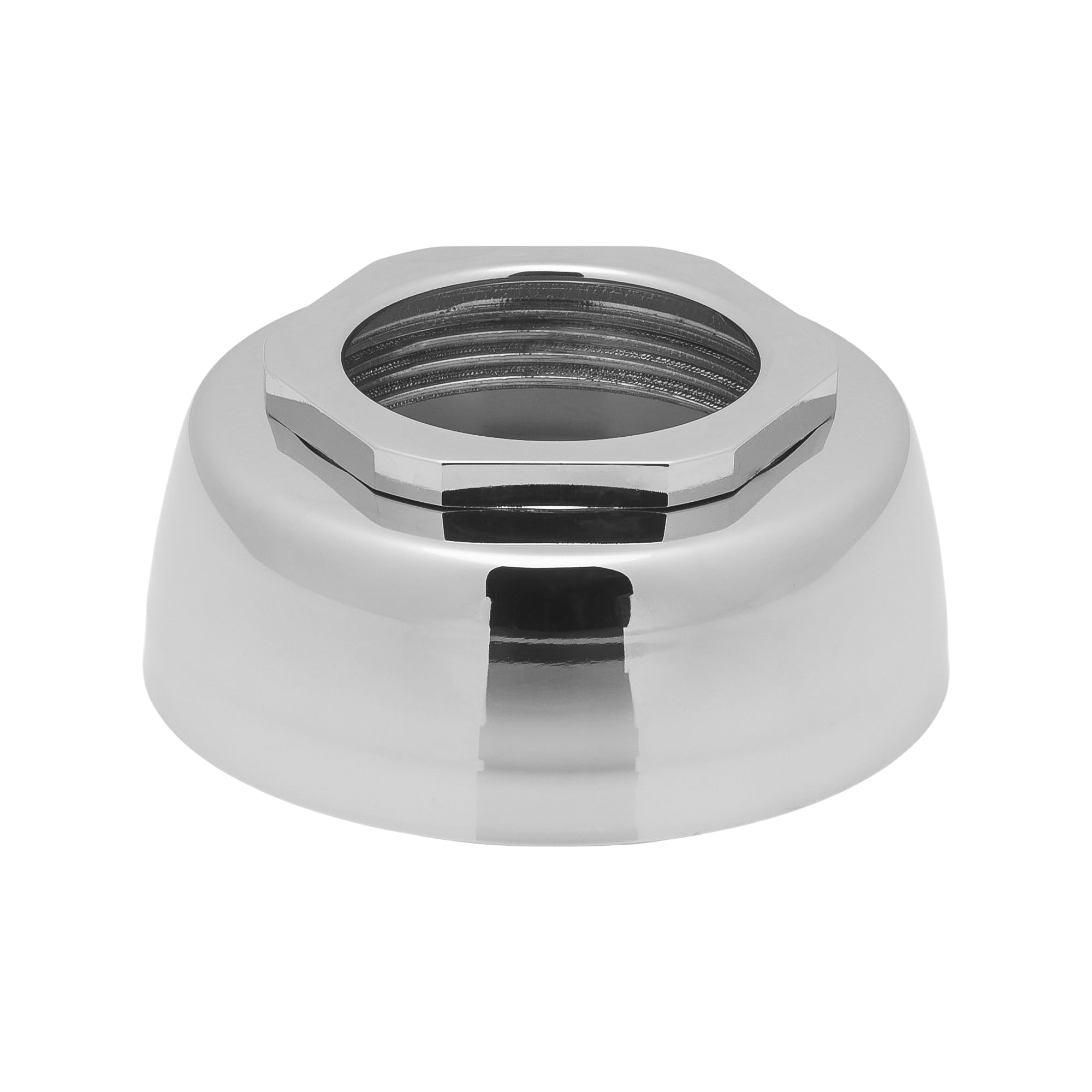 White plastic spud coupling assembly with chrome hexagonal nut and black rubber gasket for 1.5 inch flushometer connection.