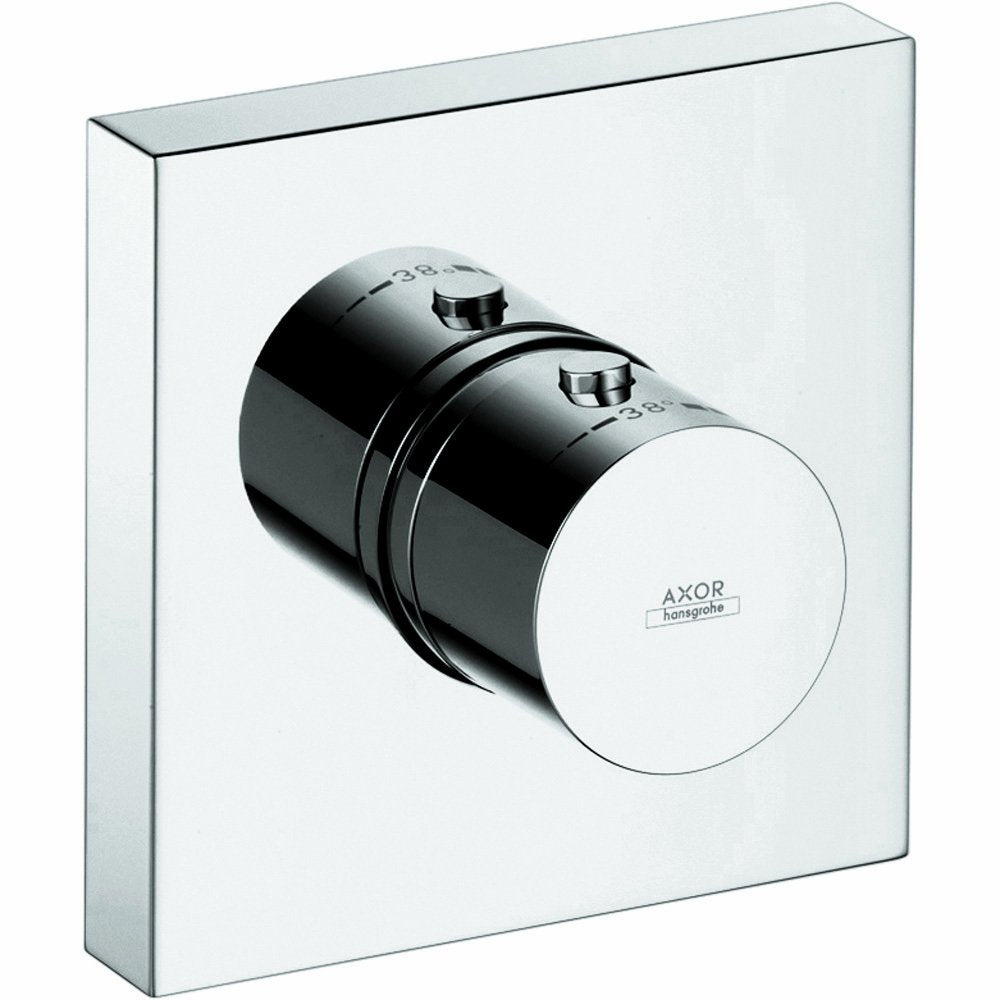 Chrome and black thermostatic shower trim with square escutcheon plate, dual control knobs, and circular dial face.