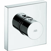 Chrome and black thermostatic shower trim with square escutcheon plate, dual control knobs, and circular dial face.