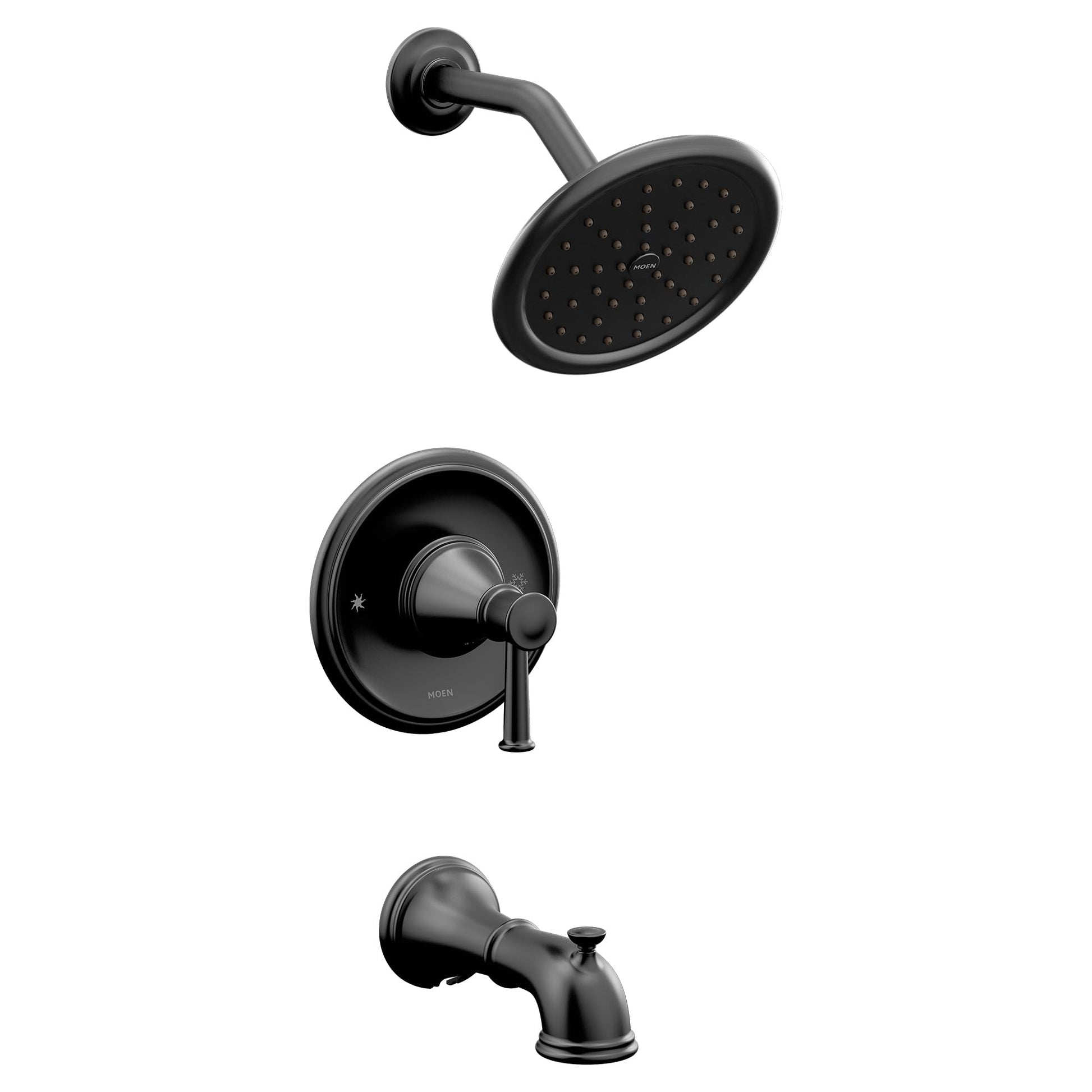 Matte black tub and shower trim kit with round showerhead, curved arm, valve trim, and tub spout.