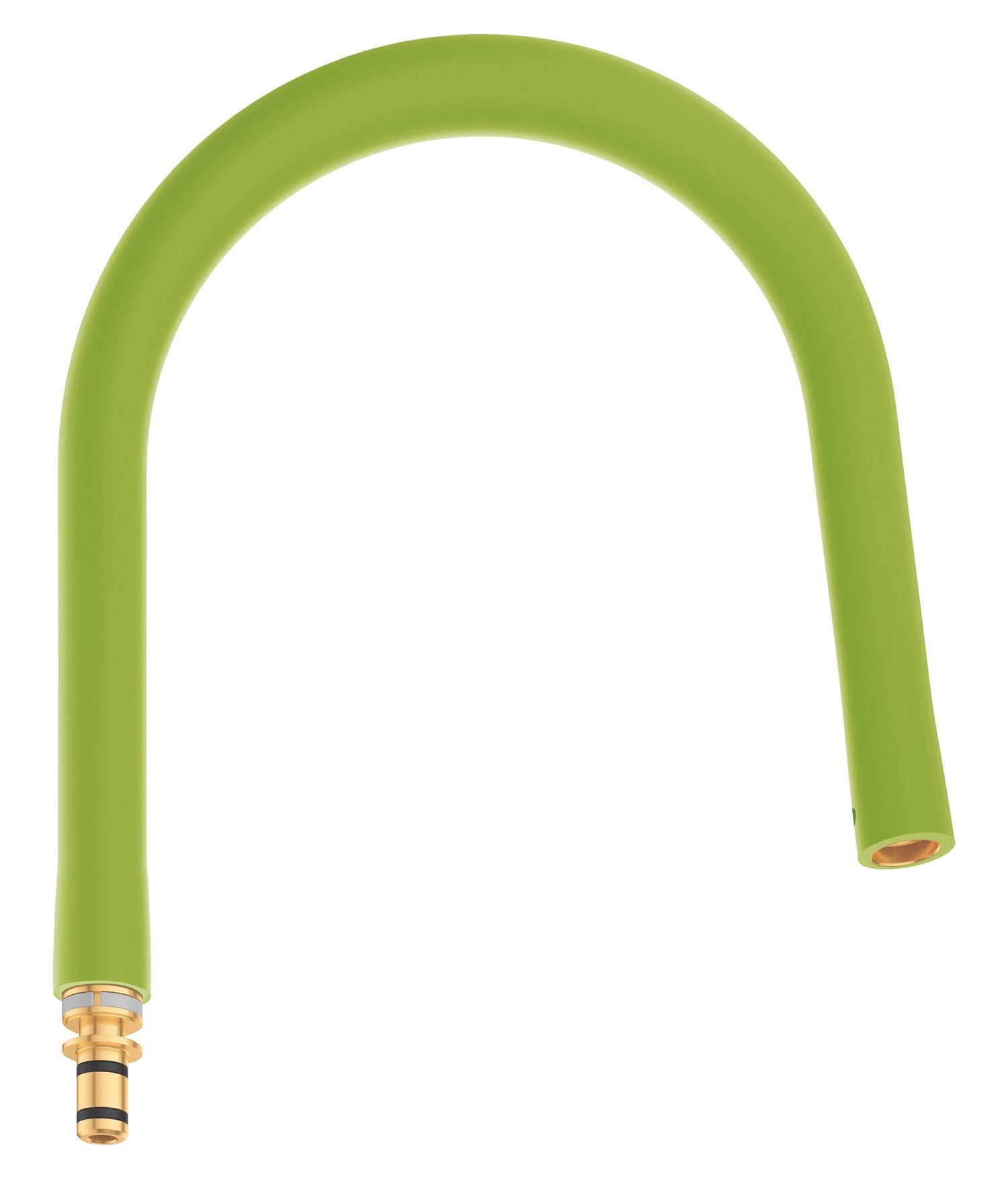Green flexible kitchen faucet hose with brass connection fitting at base and copper outlet tip.