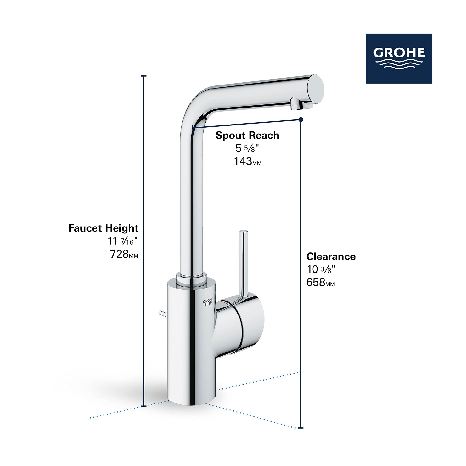 Chrome single-handle bathroom faucet with L-shaped spout and cylindrical handle.
