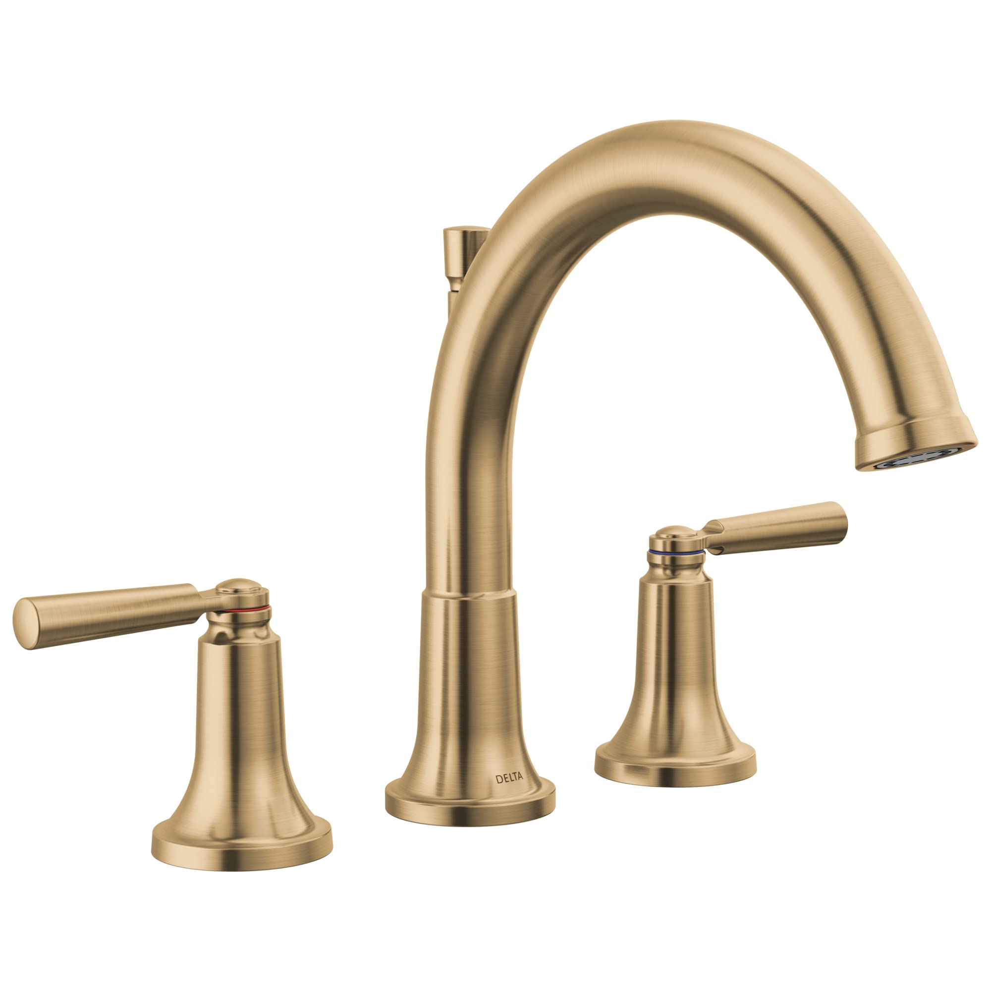 Brushed gold three-piece Roman tub faucet with curved spout and lever handles on cylindrical bases.