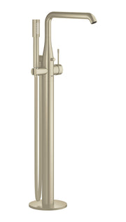 Brushed nickel freestanding tub faucet with curved spout, single handle, and detachable hand shower on vertical stand.