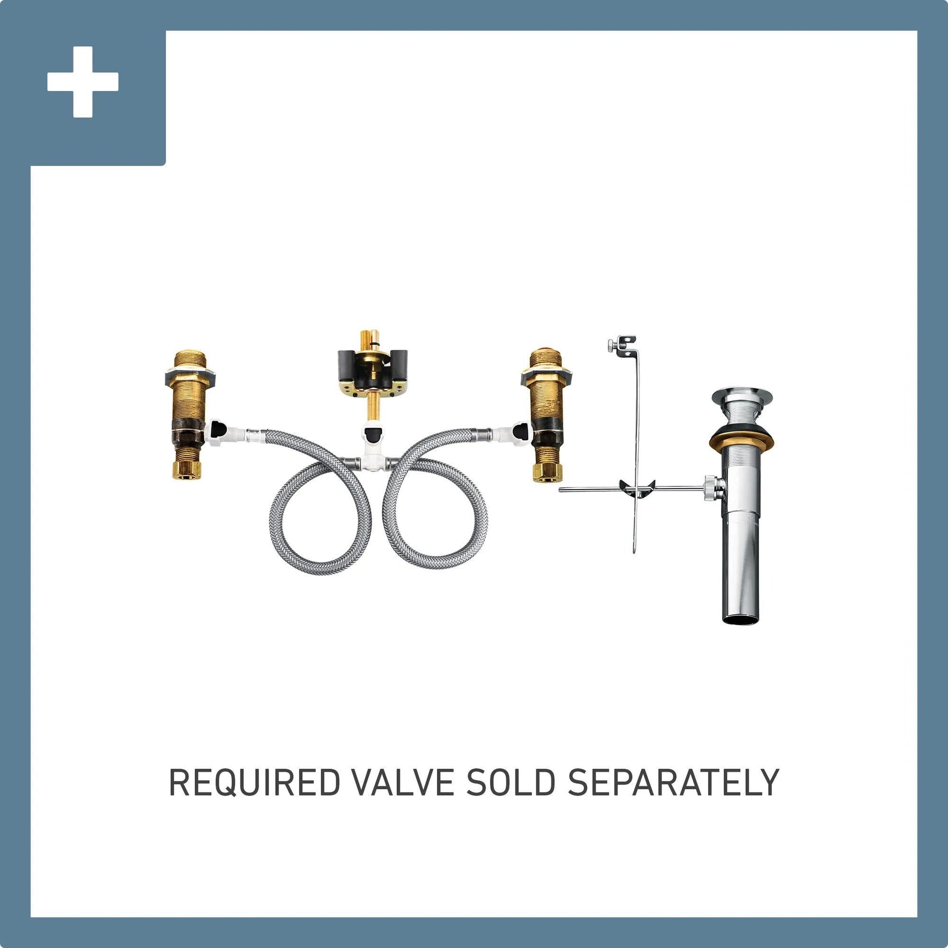 Chrome two-handle widespread bathroom faucet with angular spout, valve cartridges, flexible supply lines, and pop-up drain as