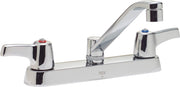 Chrome deck mount faucet with two lever handles and curved spout, 8 inch center distance.