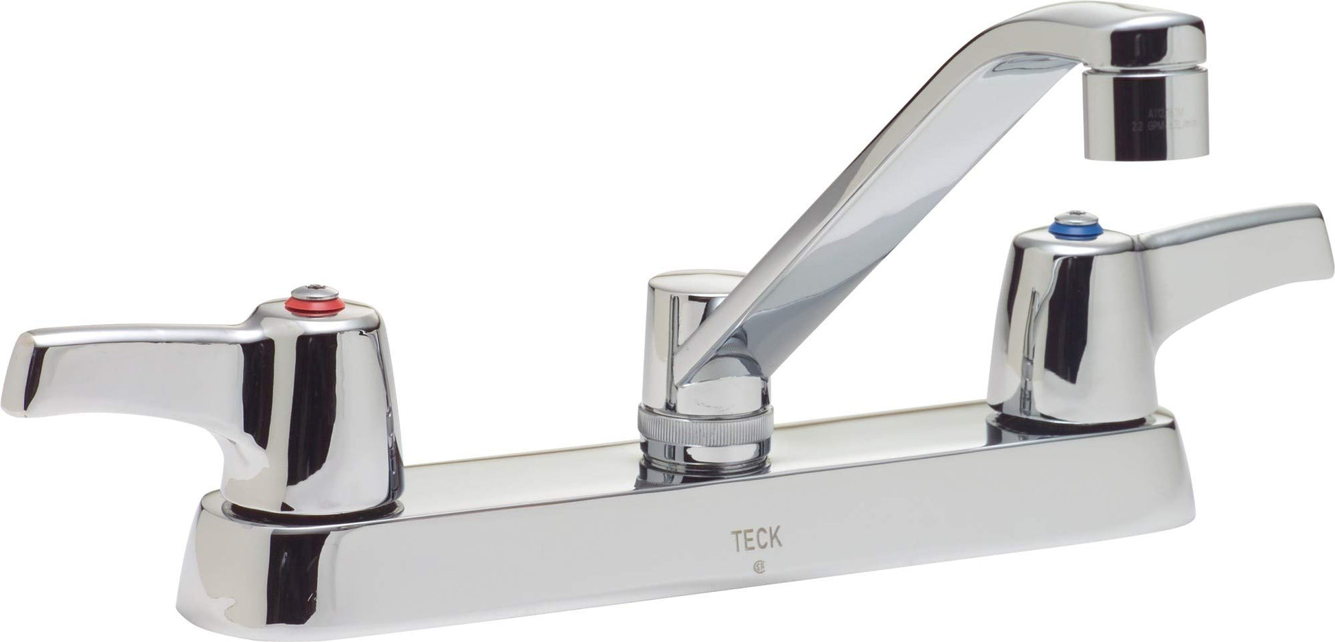 Chrome deck mount faucet with two lever handles and curved spout, 8 inch center distance.
