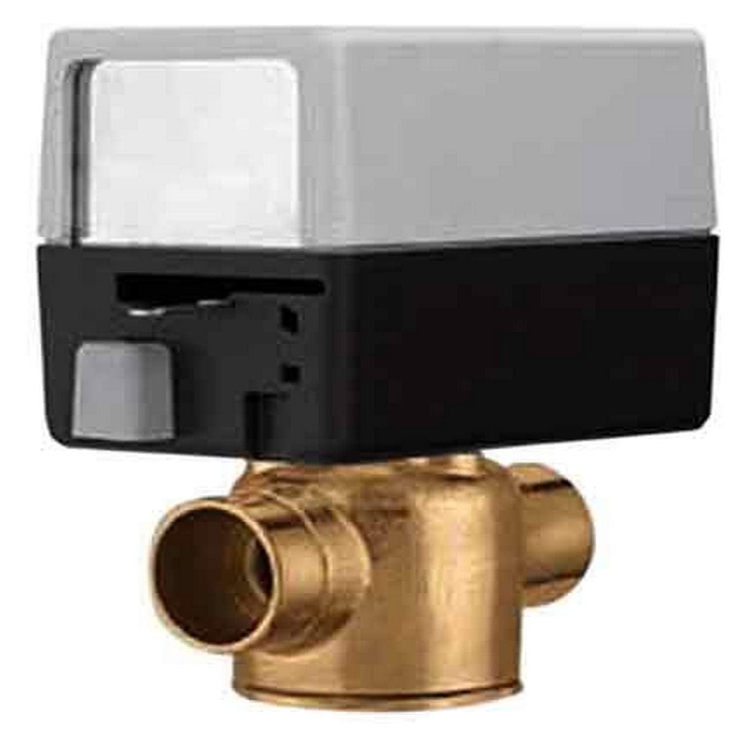 Brass zone valve with 1 inch sweat connections and black actuator head mounted on top.