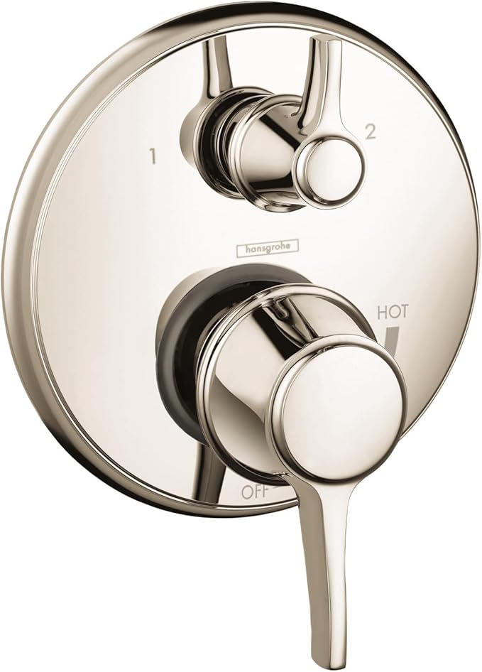 Polished nickel round pressure balance valve trim with two circular handles and diverter control.