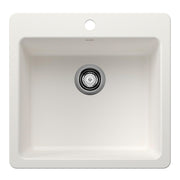 White single bowl kitchen sink with chrome drain fitting and mounting rim, viewed from above.