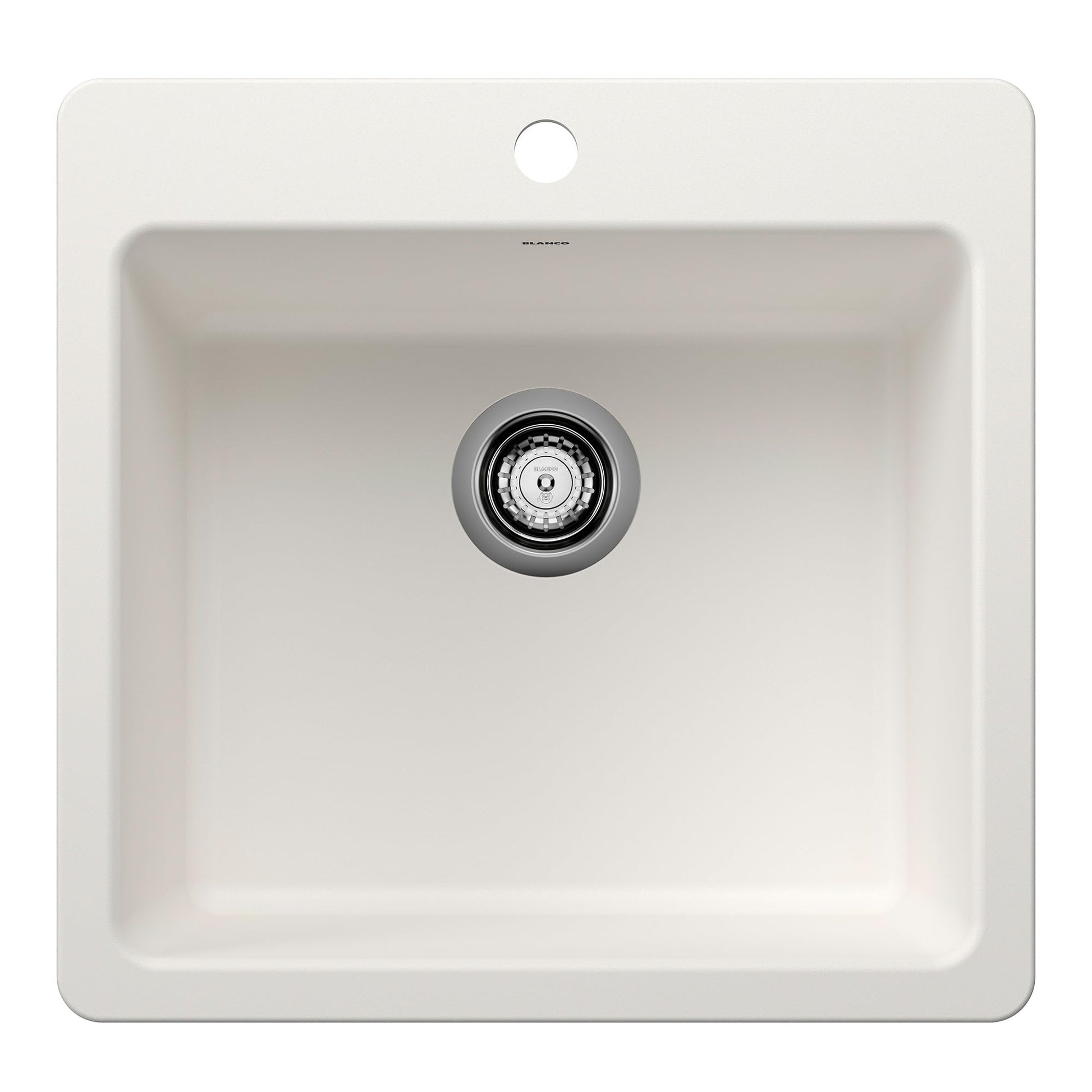 White single bowl kitchen sink with chrome drain fitting and mounting rim, viewed from above.