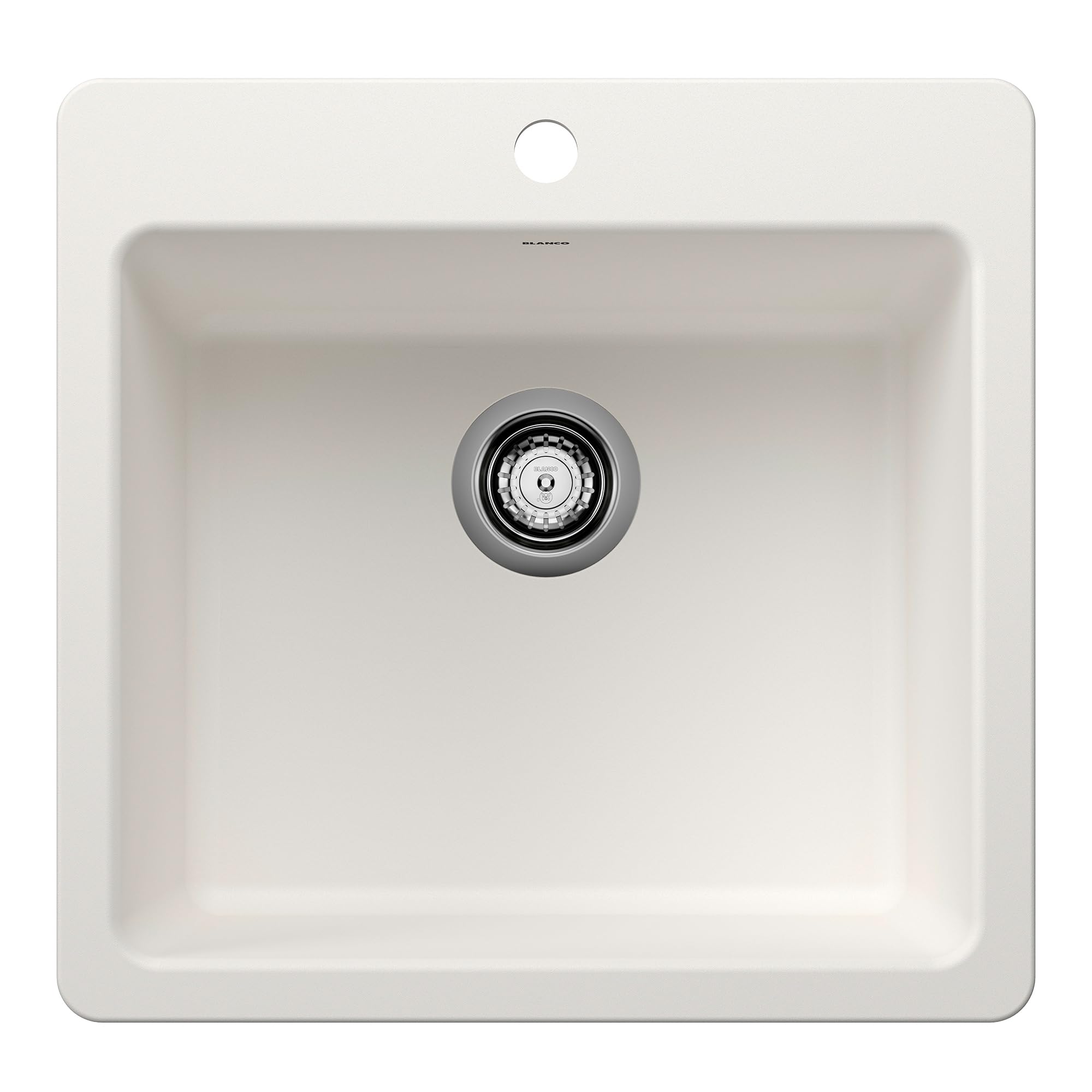 White single bowl kitchen sink with chrome drain fitting and mounting rim, viewed from above.