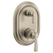 Brushed nickel shower trim with two lever handles mounted on oval plate.