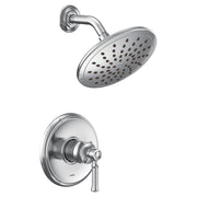 Chrome shower trim kit with single-handle valve, round showerhead with perforated spray pattern, and curved arm mount.