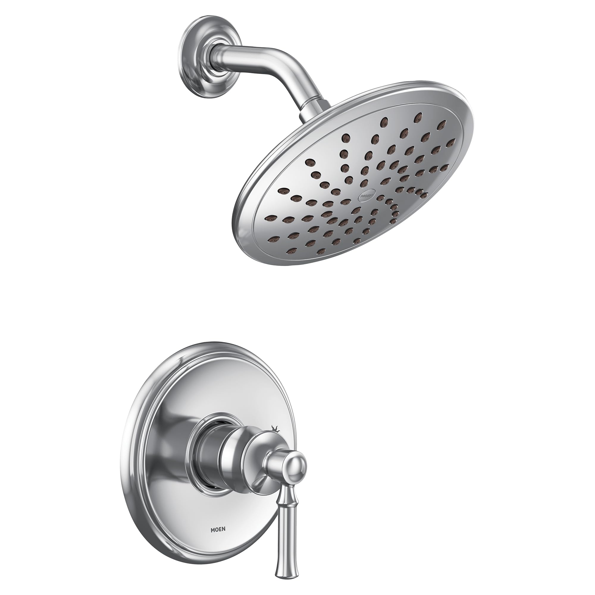 Chrome shower trim kit with single-handle valve, round showerhead with perforated spray pattern, and curved arm mount.