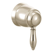 Polished nickel shower volume control trim with spherical handle and cylindrical mounting flange.