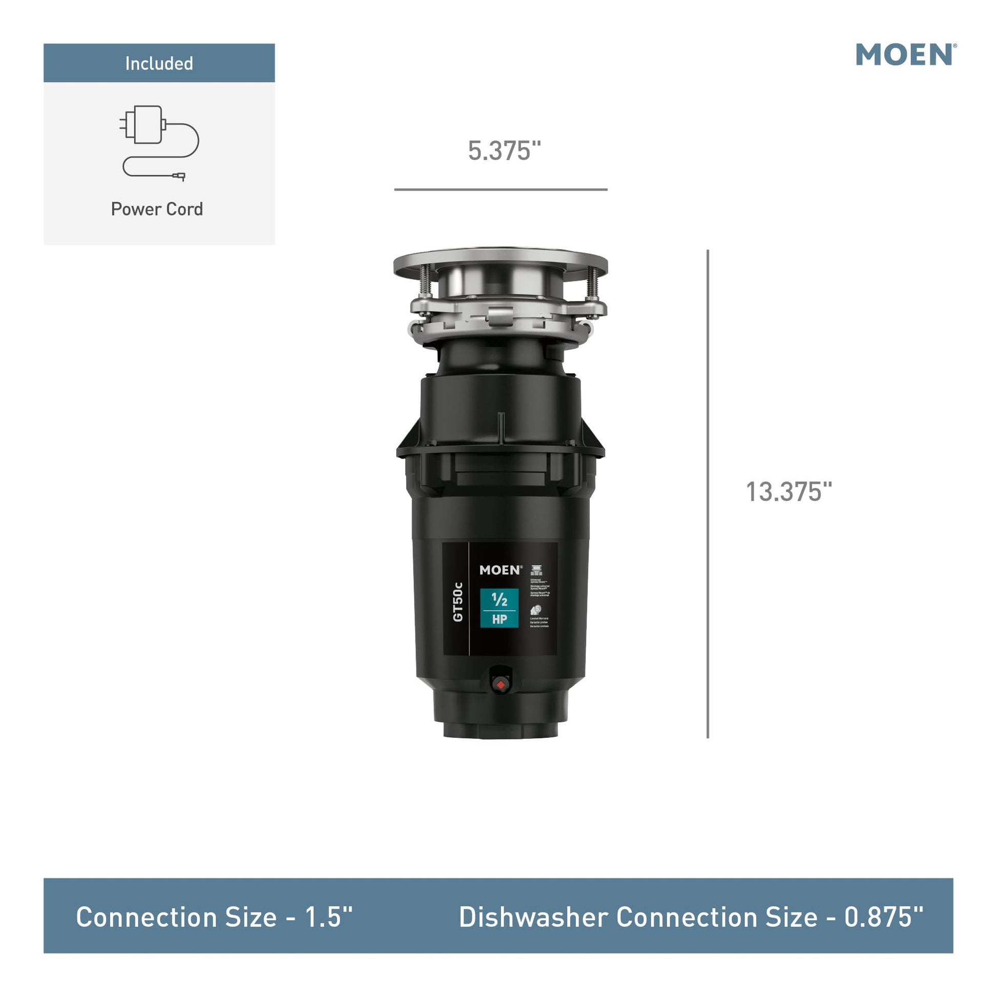 Moen GT50C garbage disposal unit with stainless steel top, black body, 1/2 HP motor, 13.375" height, includes power cord.