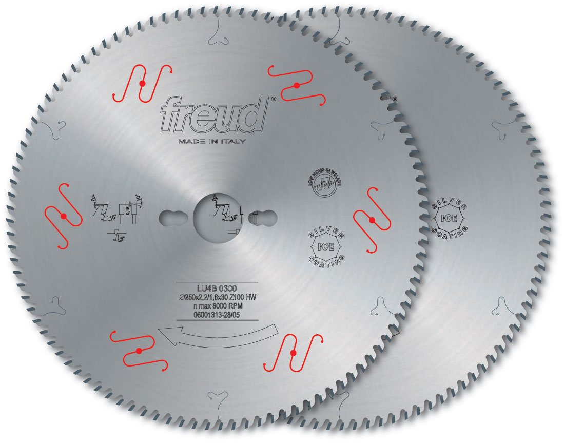 Two circular saw blades with fine teeth and center holes, marked with Freud branding and specifications.