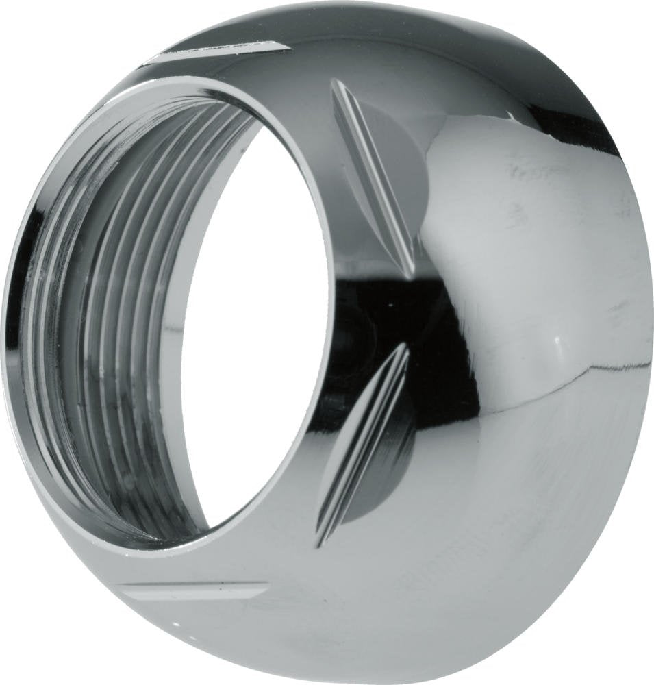 Chrome-finished bonnet nut with internal threads and grooved grip pattern.