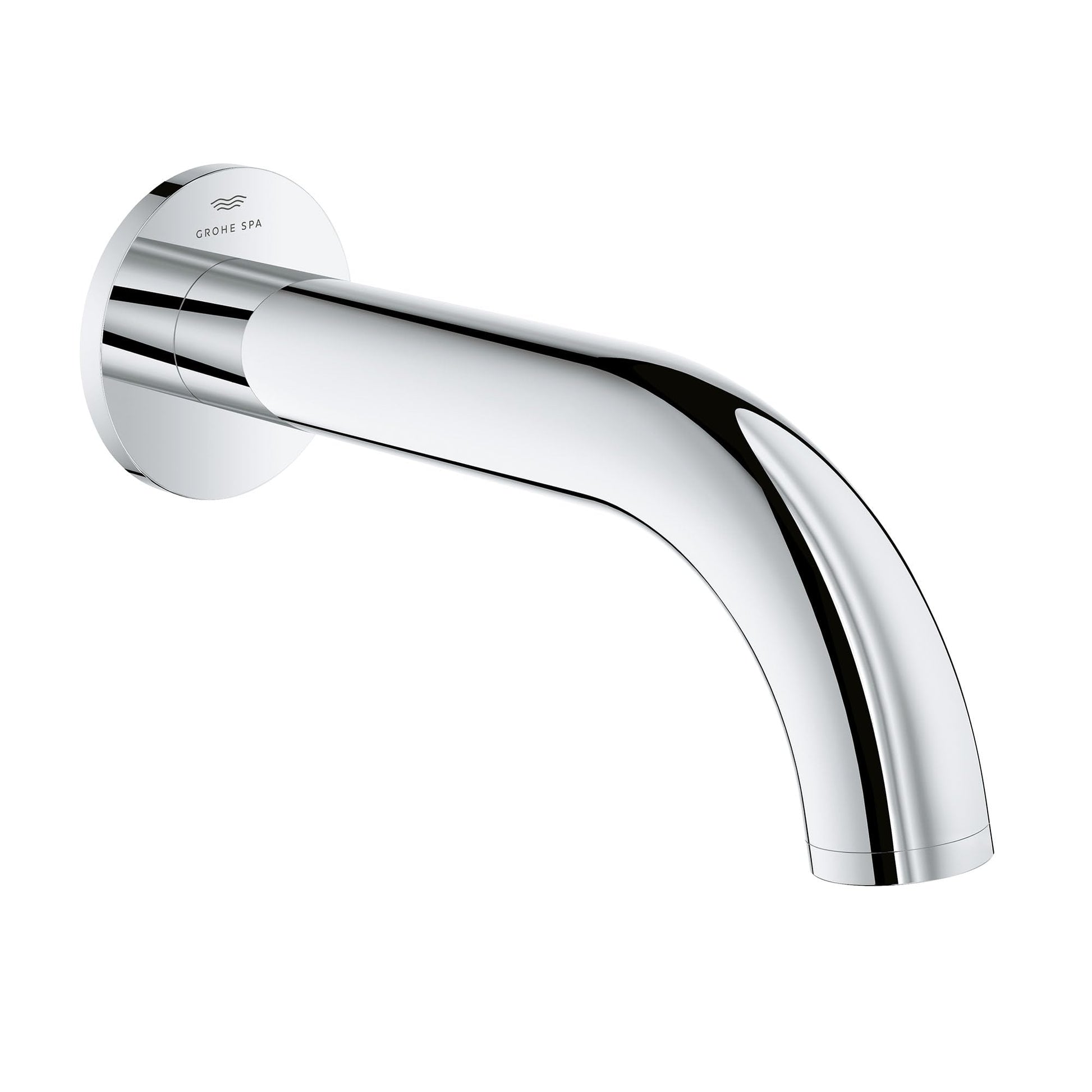 Grohe Atrio chrome tub spout with curved angled outlet and round wall-mounted flange.