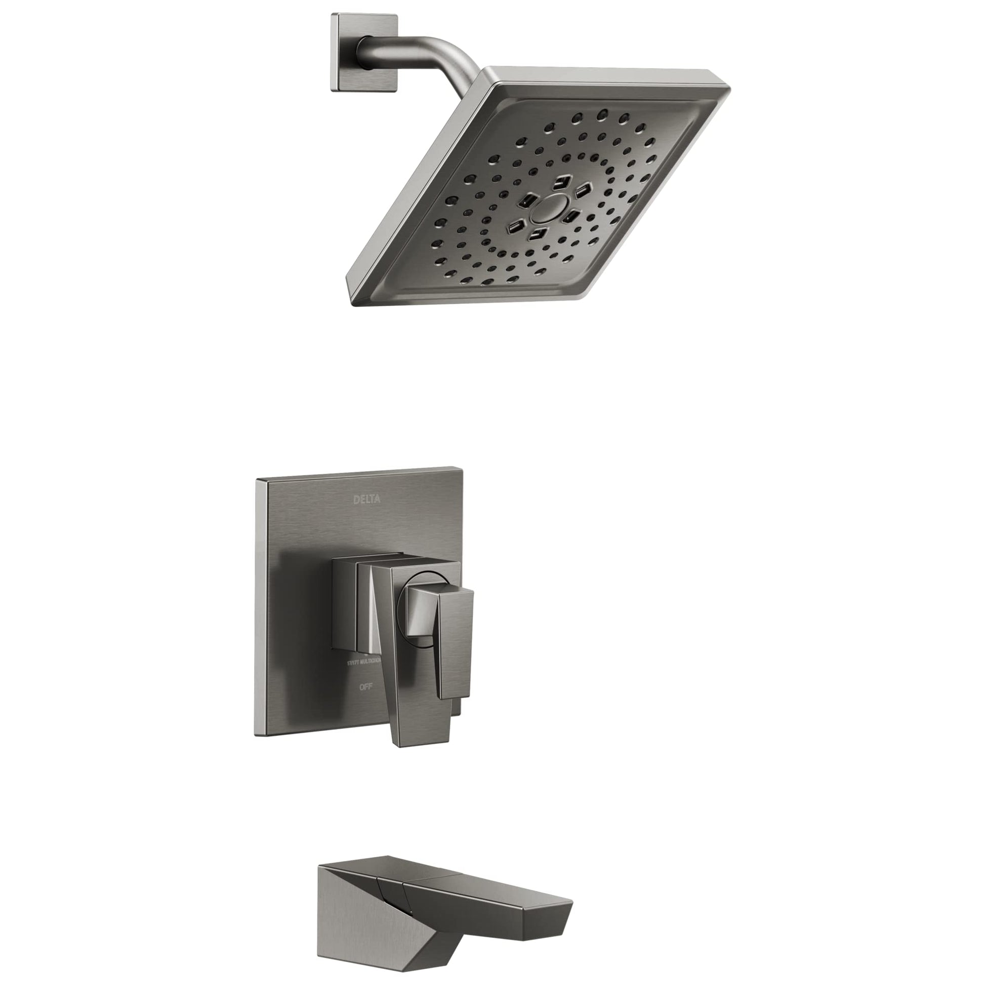 Brushed nickel tub shower trim with square showerhead, wall-mounted control valve, and tub spout.