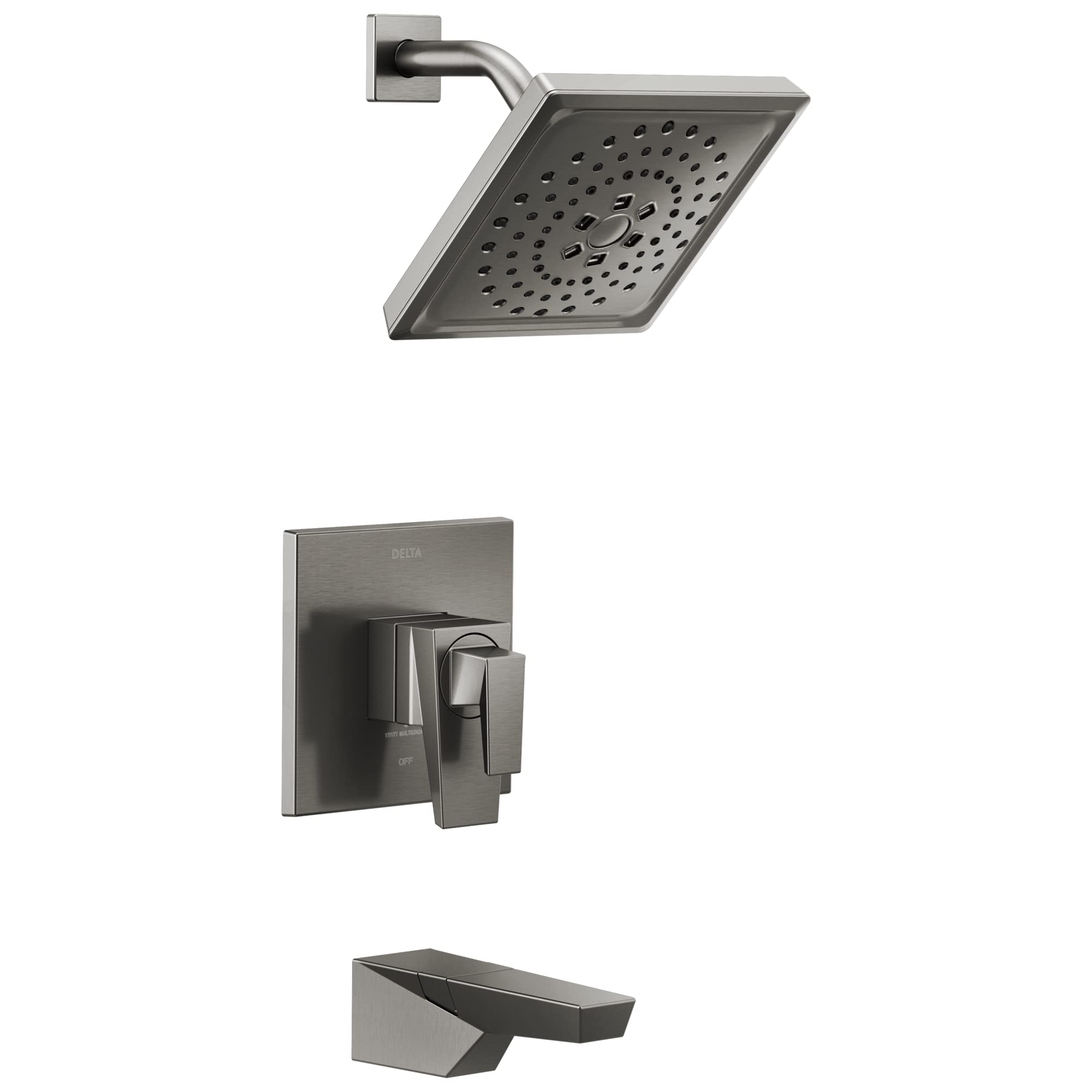 Brushed nickel tub shower trim with square showerhead, wall-mounted control valve, and tub spout.