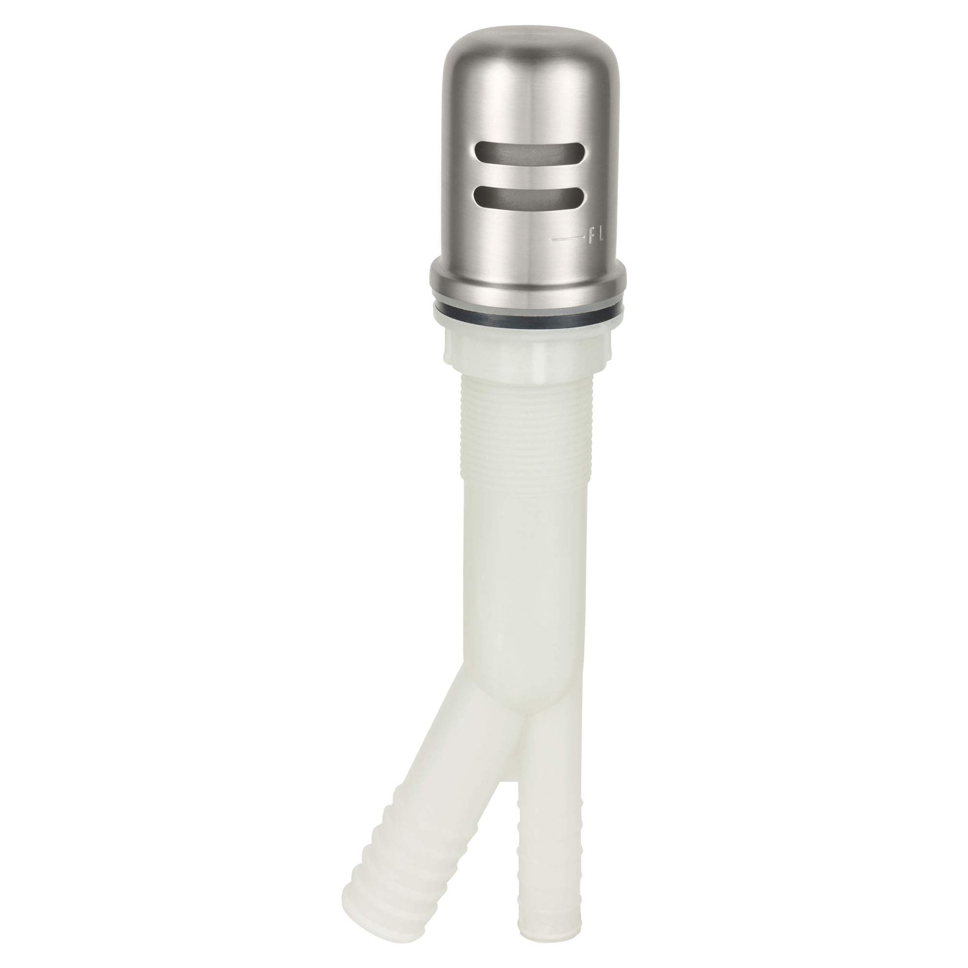 Grohe Supersteel air gap with white plastic body and slotted stainless steel cap for kitchen sink drainage.