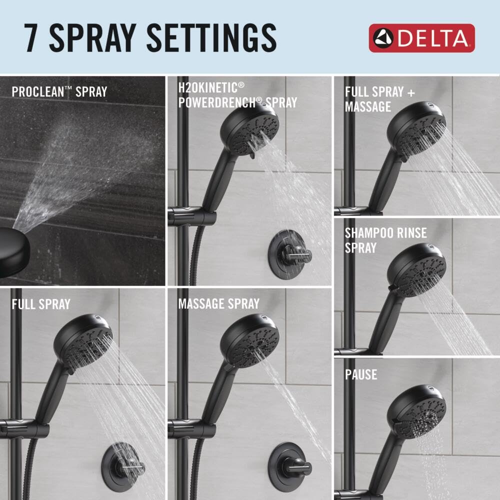 Matte black hand shower with slide bar mounted on wall tile, showing seven spray settings including full spray, massage, and 