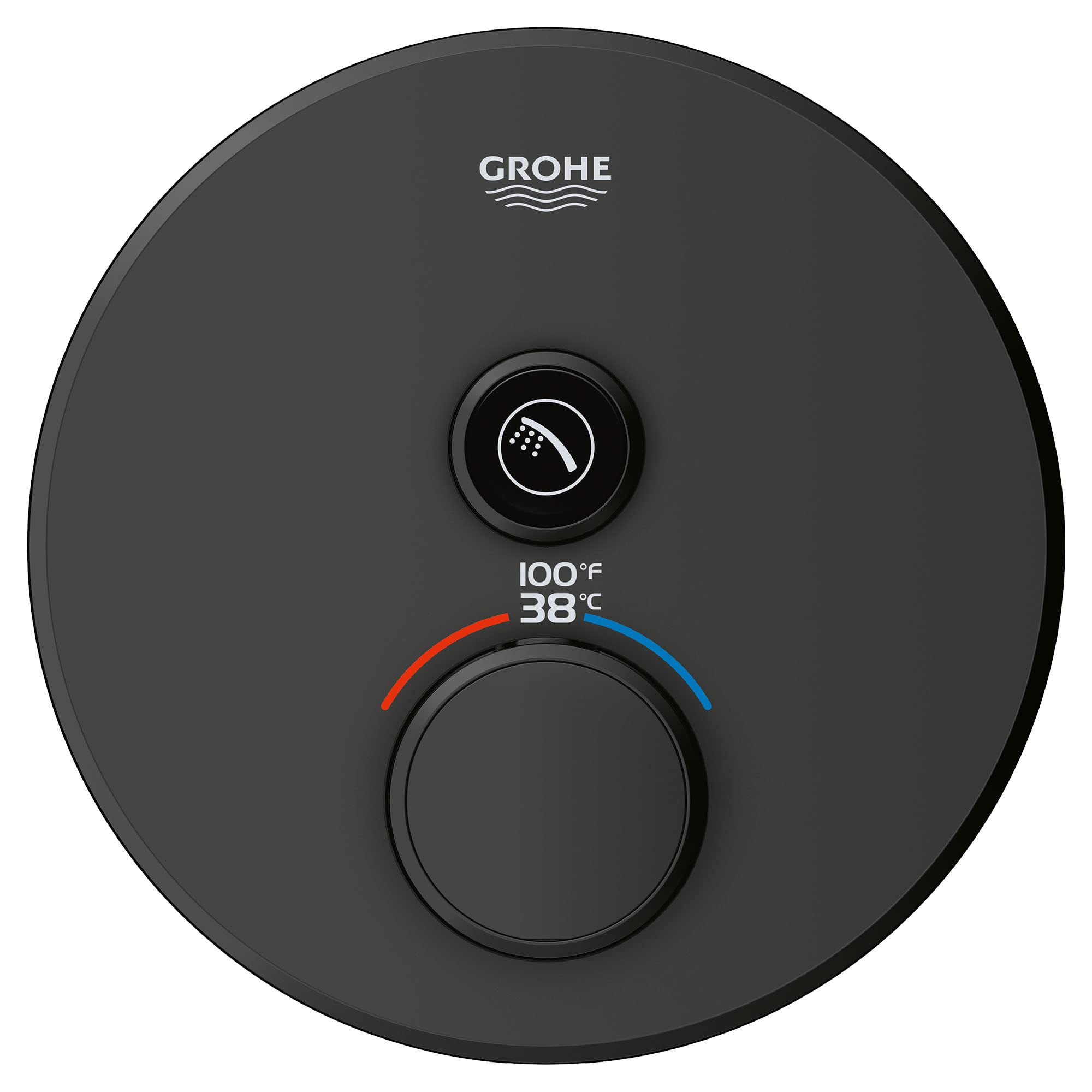 Matte black circular thermostatic valve trim with central control knob, temperature display showing 100°F/38°C, and upper div