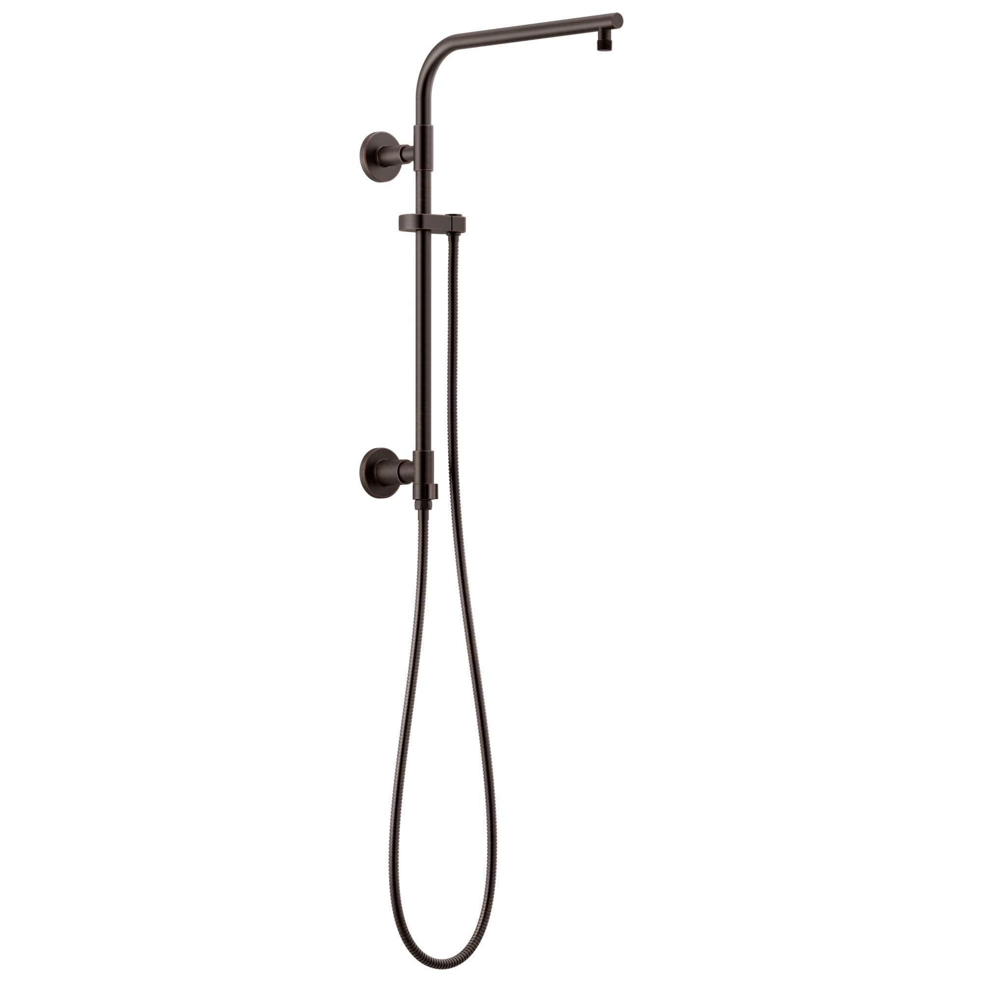 Matte black shower column with adjustable handshower, fixed showerhead arm, and wall-mounted brackets.