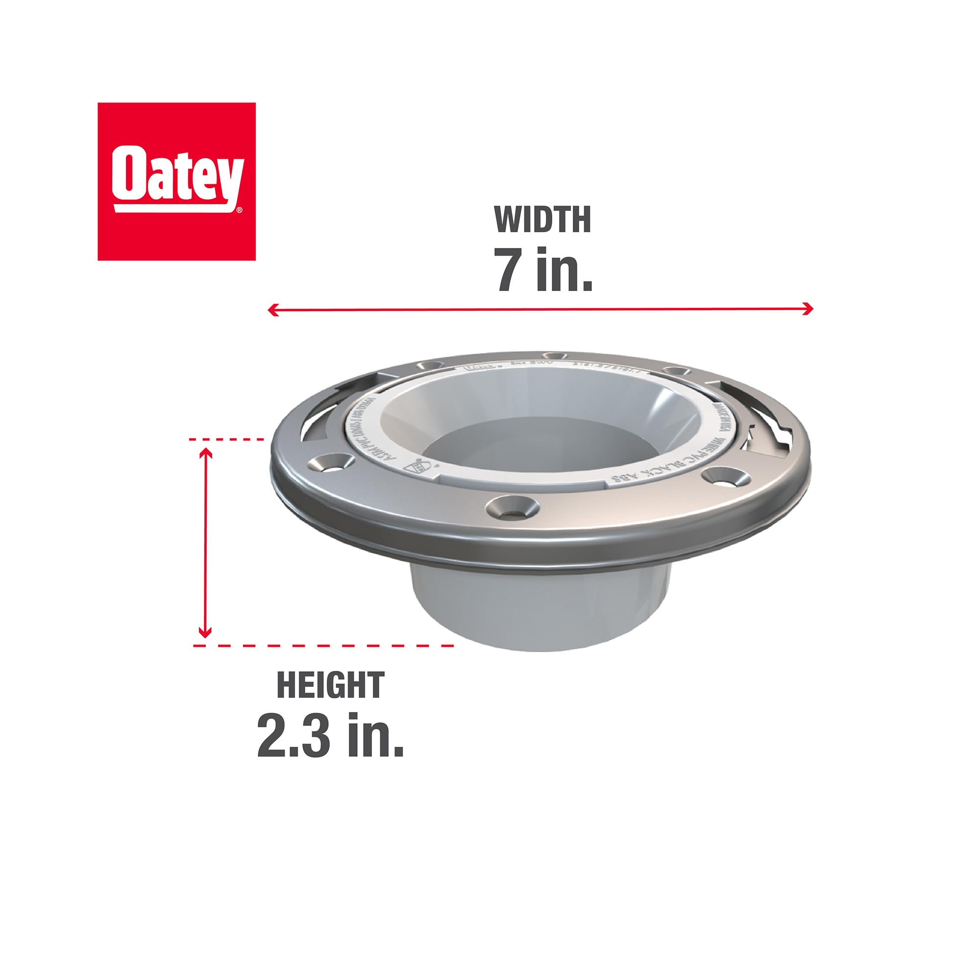 White PVC closet flange with stainless steel ring, 7 inches wide and 2.3 inches tall.