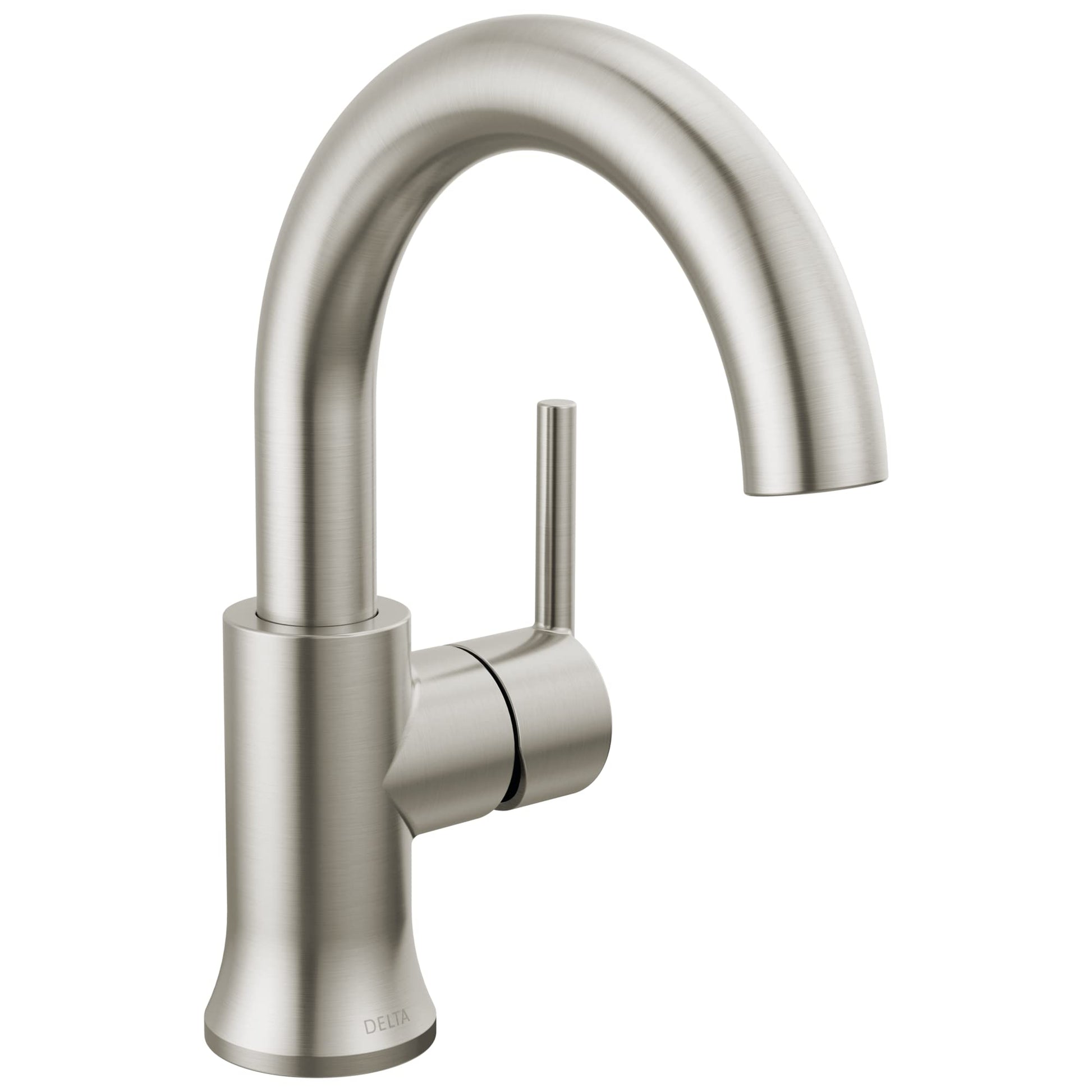 Stainless steel bathroom faucet with high arc spout and single lever handle.