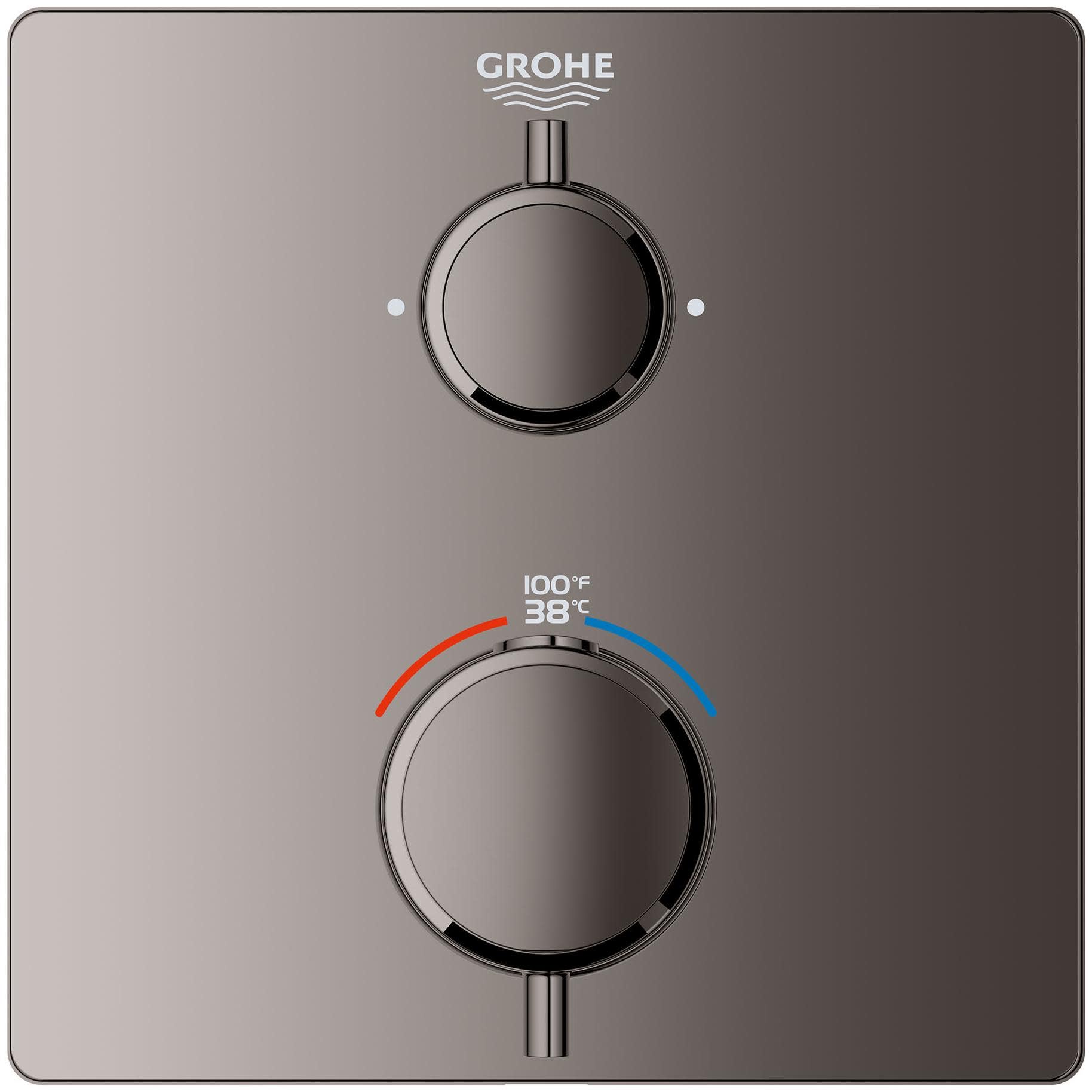 Matte black Grohe thermostatic valve trim with two circular handles and temperature display showing 38°C/100°F.