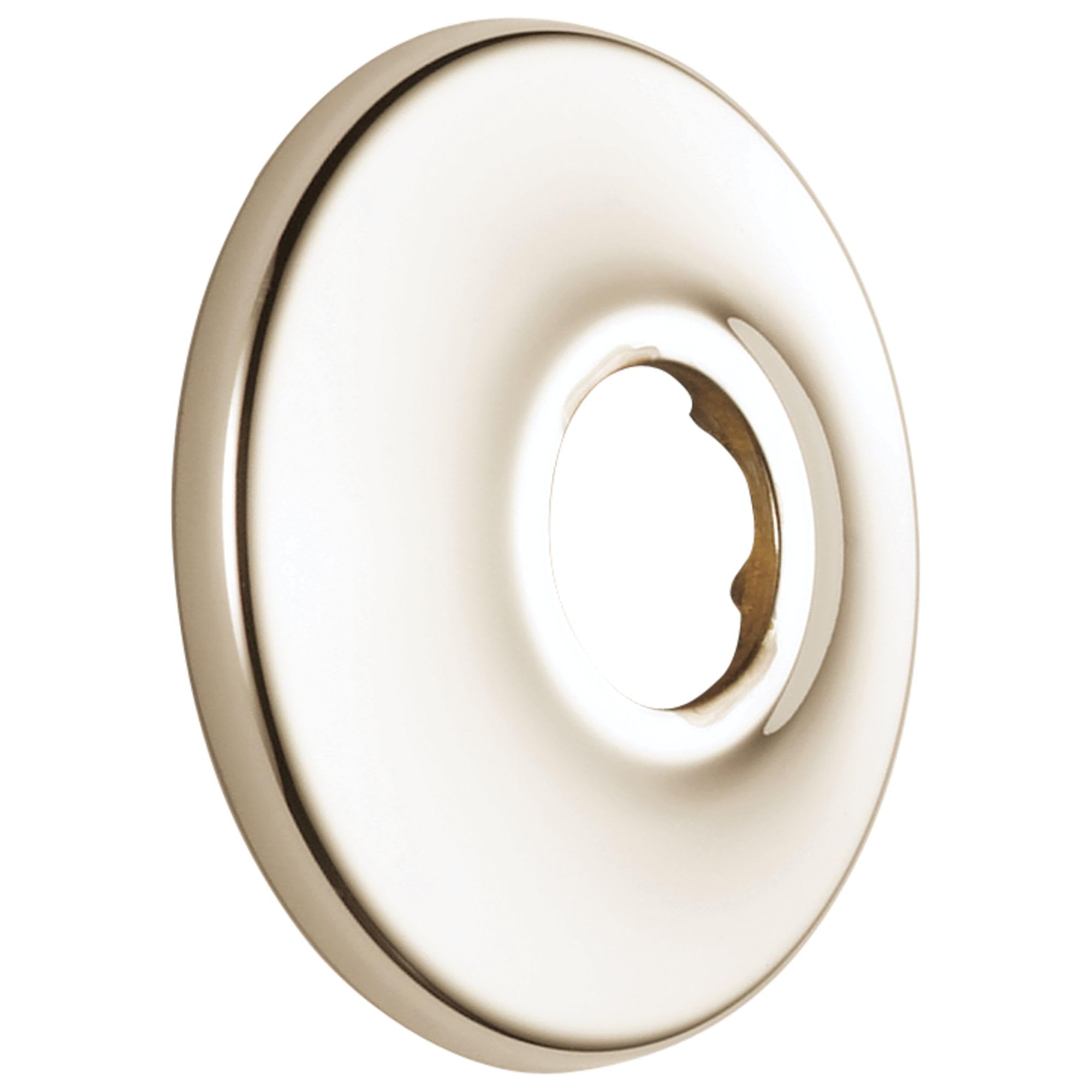 Round polished nickel shower flange with concentric rings and center opening for pipe connection.