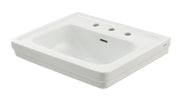 White rectangular ceramic sink basin with three faucet holes and single drain hole.