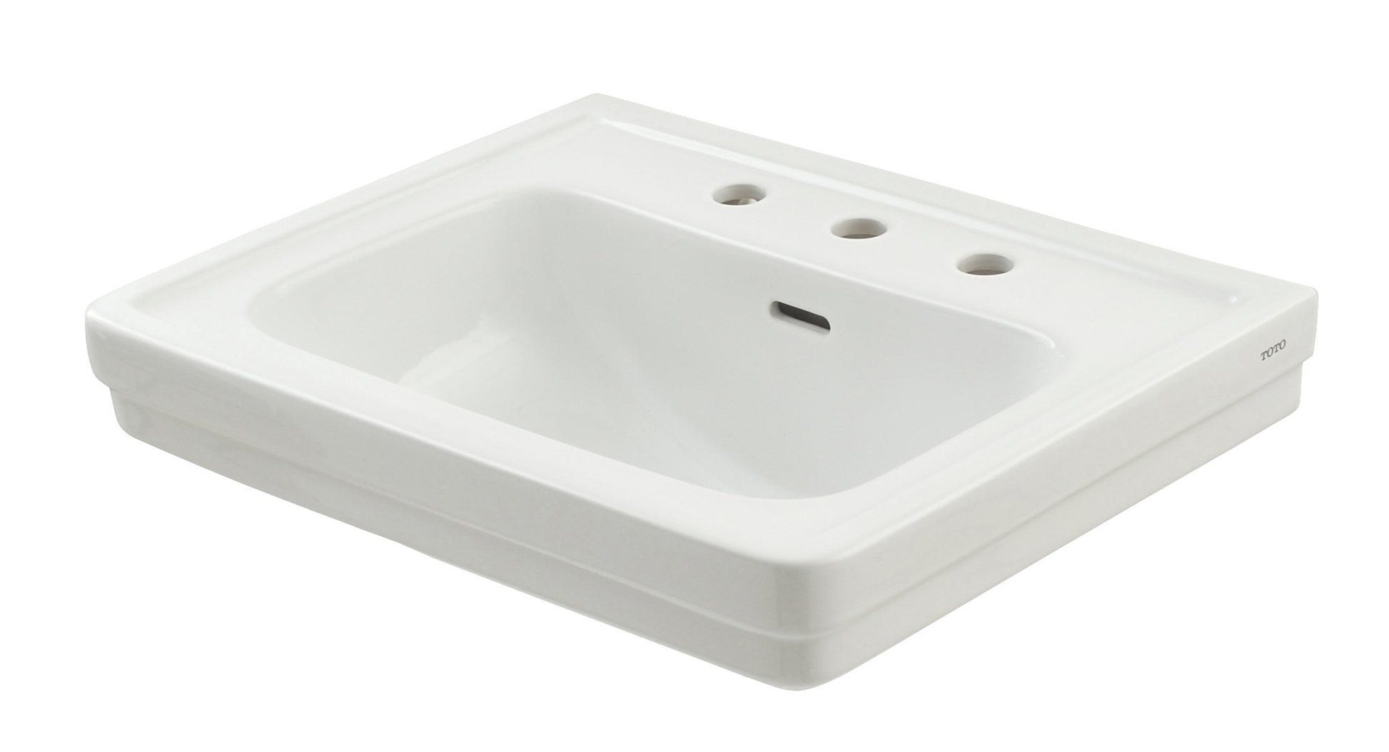 White rectangular ceramic sink basin with three faucet holes and single drain hole.