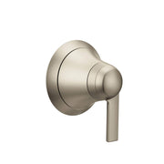 Brushed nickel volume control trim with round escutcheon plate and lever handle.