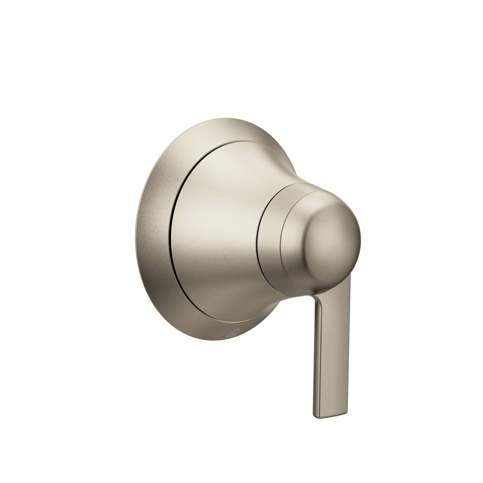 Brushed nickel volume control trim with round escutcheon plate and lever handle.