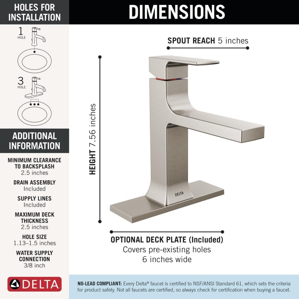 Stainless steel single-handle bathroom faucet with curved spout, 5.6 inches tall, 5 inches spout reach.
